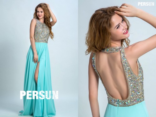 Sequins Rheinkiesel A-Linie Rund-Ausschnitt sexy gesplaten Abendkleid aus Chiffon 