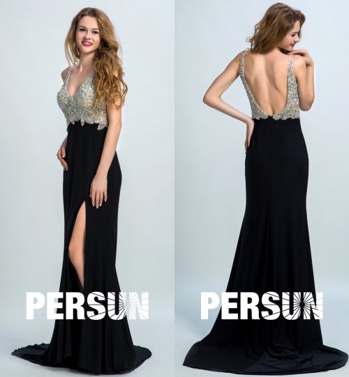 V-Ausschnitt Rückenfrei gespalten schwarz sexy Abendkleid aus Chiffon